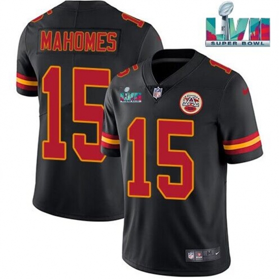 Men Kansas City Chiefs 15 Patrick Mahomes Black Super Bowl LVII Patch Vapor Untouchable Limited Stitched Jersey